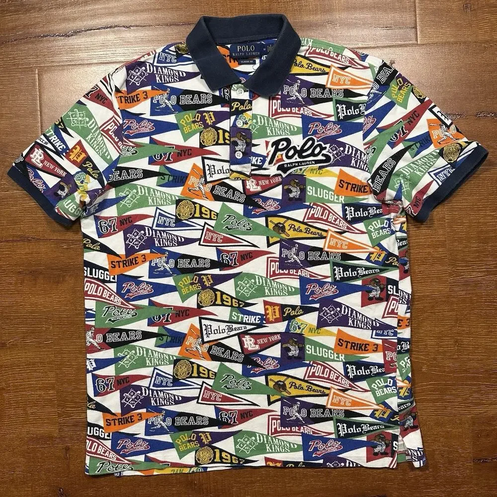 Ralph Lauren Pennant Flag Polo Shirt Mens M All Over Print AOP Baseball Bear